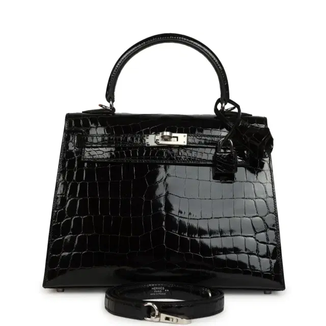 hermes Hermes Kelly Sellier 25 Black Shiny Niloticus Crocodile Palladium Hardware