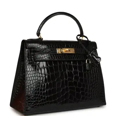 HERMÈS Vintage Hermes Kelly Sellier 28 Black Shiny Alligator Gold Hardware | Thumbnail 2