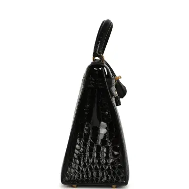 HERMÈS Vintage Hermes Kelly Sellier 28 Black Shiny Alligator Gold Hardware | Thumbnail 3