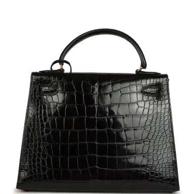 HERMÈS Vintage Hermes Kelly Sellier 28 Black Shiny Alligator Gold Hardware | Thumbnail 4