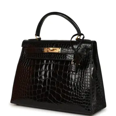 HERMÈS Vintage Hermes Kelly Sellier 28 Black Shiny Alligator Gold Hardware | Thumbnail 5