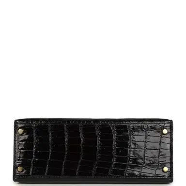 HERMÈS Vintage Hermes Kelly Sellier 28 Black Shiny Alligator Gold Hardware | Thumbnail 6