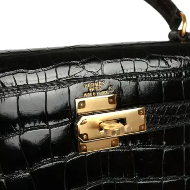 HERMÈS Vintage Hermes Kelly Sellier 28 Black Shiny Alligator Gold Hardware | Thumbnail 7