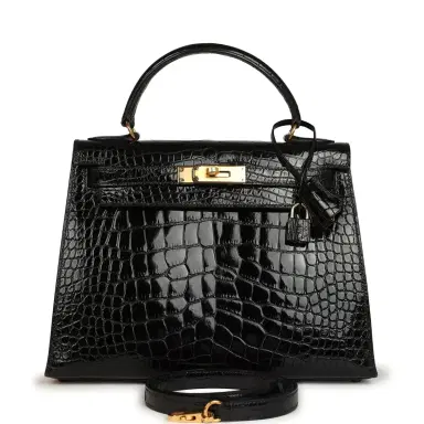 HERMÈS Vintage Hermes Kelly Sellier 28 Black Shiny Alligator Gold Hardware | Thumbnail 1