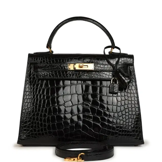 hermes Vintage Hermes Kelly Sellier 28 Black Shiny Alligator Gold Hardware