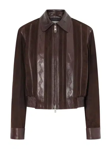 Versace Greca-embossed Leather And Suede Jacket | Thumbnail 1 Versace Greca-embossed Leather And Suede Jacket | Thumbnail 1