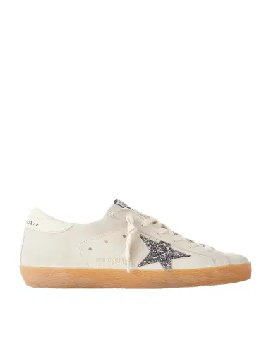 Golden Goose Super-star Distressed Glittered Leather-trimmed Suede Sneakers | Thumbnail 1 Golden Goose Super-star Distressed Glittered Leather-trimmed Suede Sneakers | Thumbnail 1
