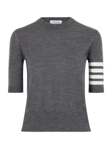 Thom Browne Grosgrain-trimmed Striped Wool-blend Sweater | Thumbnail 1 Thom Browne Grosgrain-trimmed Striped Wool-blend Sweater | Thumbnail 1