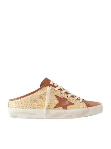 Golden Goose Super-star Sabot Distressed Leather-trimmed Raffia Slip-on Sneakers | Thumbnail 1 Golden Goose Super-star Sabot Distressed Leather-trimmed Raffia Slip-on Sneakers | Thumbnail 1