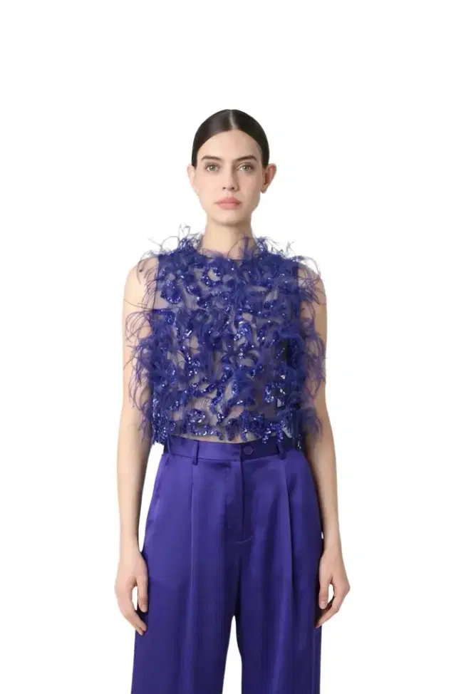 LAPOINTE Sequin & Feather Embroidery Cropped Tank