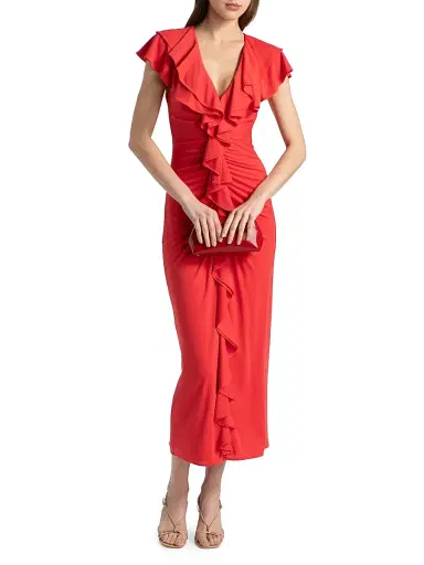 Cinq à Sept Women's Tallis Ruched Ruffled Midi-Dress - Crimson Aura - Size 14 | Thumbnail 2 Cinq à Sept Women's Tallis Ruched Ruffled Midi-Dress - Crimson Aura - Size 14 | Thumbnail 2