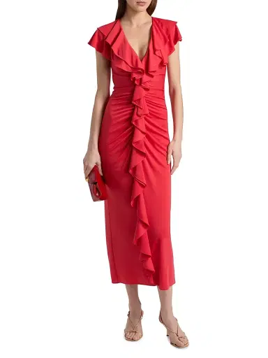 Cinq à Sept Women's Tallis Ruched Ruffled Midi-Dress - Crimson Aura - Size 14 | Thumbnail 3 Cinq à Sept Women's Tallis Ruched Ruffled Midi-Dress - Crimson Aura - Size 14 | Thumbnail 3