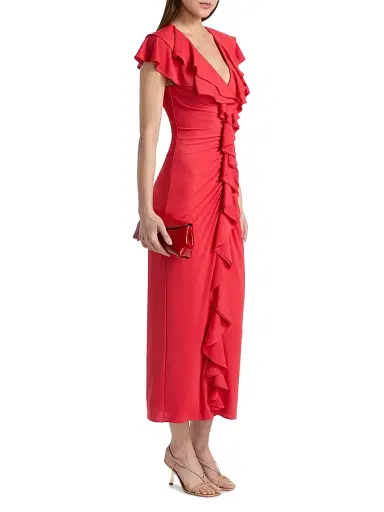 Cinq à Sept Women's Tallis Ruched Ruffled Midi-Dress - Crimson Aura - Size 14 | Thumbnail 4 Cinq à Sept Women's Tallis Ruched Ruffled Midi-Dress - Crimson Aura - Size 14 | Thumbnail 4