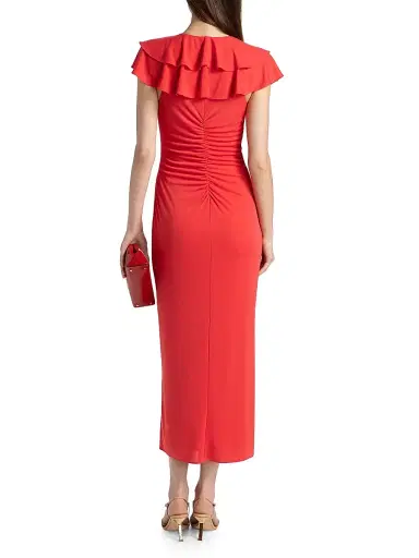 Cinq à Sept Women's Tallis Ruched Ruffled Midi-Dress - Crimson Aura - Size 14 | Thumbnail 5 Cinq à Sept Women's Tallis Ruched Ruffled Midi-Dress - Crimson Aura - Size 14 | Thumbnail 5