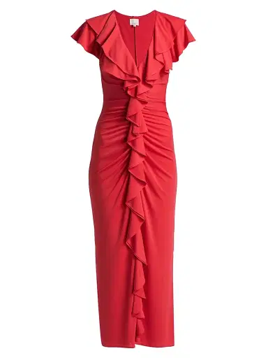 Cinq à Sept Women's Tallis Ruched Ruffled Midi-Dress - Crimson Aura - Size 14 | Thumbnail 1 Cinq à Sept Women's Tallis Ruched Ruffled Midi-Dress - Crimson Aura - Size 14 | Thumbnail 1