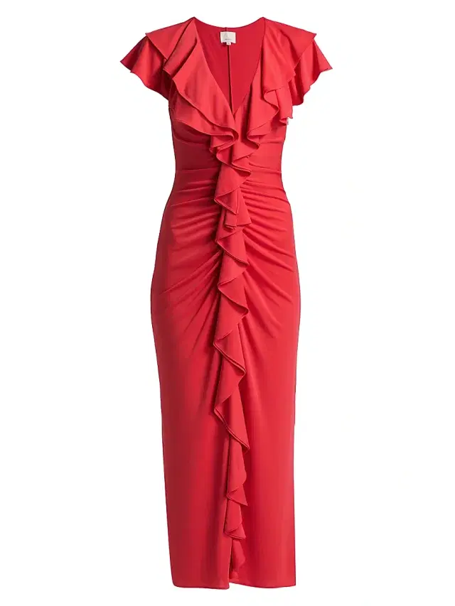 Women's Tallis Ruched Ruffled Midi-Dress - Crimson Aura