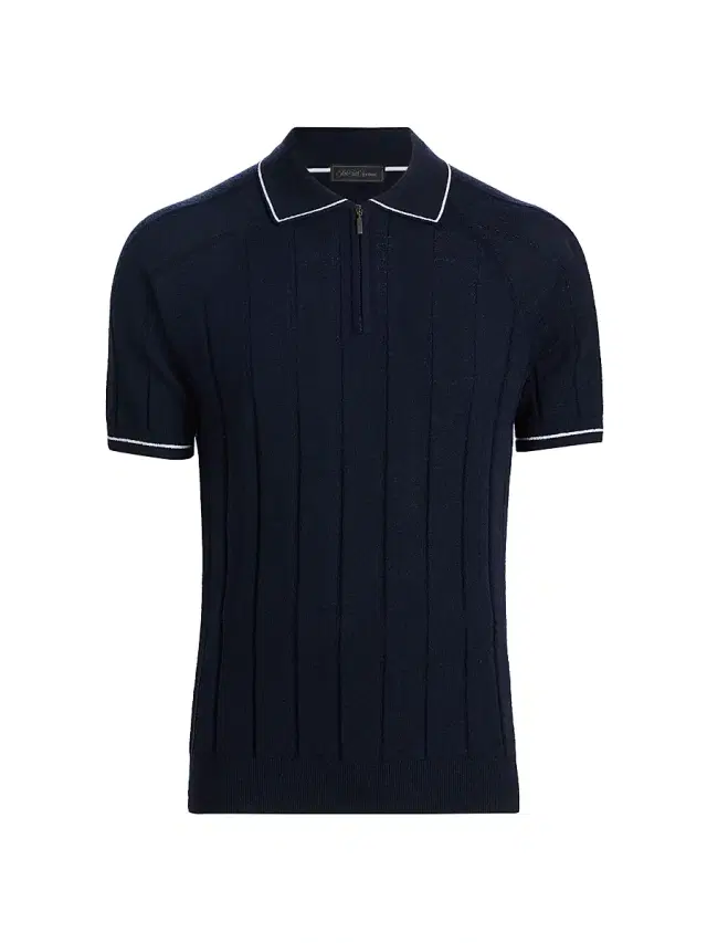 Saks Fifth Avenue Men's Terry Rib-Knit Zip Polo Shirt - Navy - Size XXL