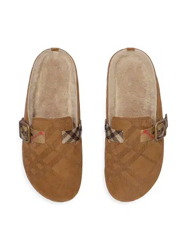 Burberry Women's Urchin Check Shearling Lined Suede Clogs - Jute | Thumbnail 4