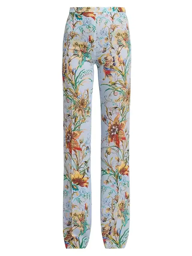 Women's Floral Print Straight-Leg Trousers - Printed Blue