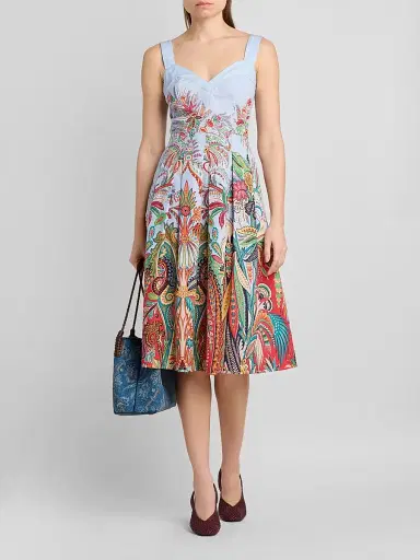 Etro Women's Paisley Pleated Cotton Midi Dress - Printed Blue Base - Size 14 | Thumbnail 2