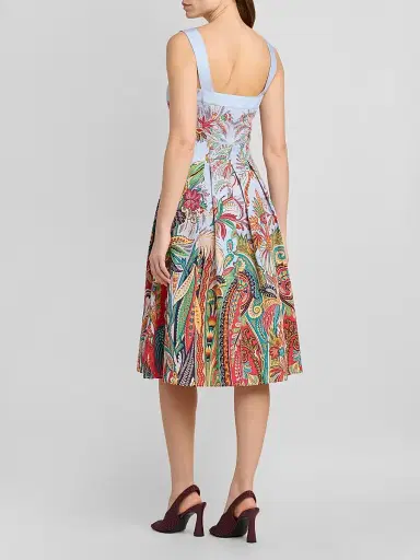 Etro Women's Paisley Pleated Cotton Midi Dress - Printed Blue Base - Size 14 | Thumbnail 3