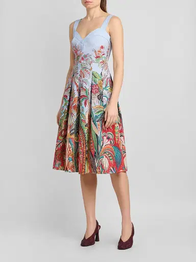Etro Women's Paisley Pleated Cotton Midi Dress - Printed Blue Base - Size 14 | Thumbnail 4