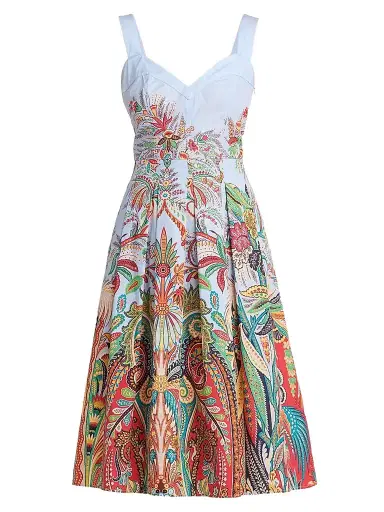 Etro Women's Paisley Pleated Cotton Midi Dress - Printed Blue Base - Size 14 | Thumbnail 1