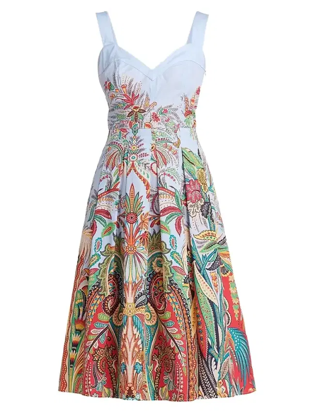 Women's Paisley Pleated Cotton Midi Dress - Printed Blue Base