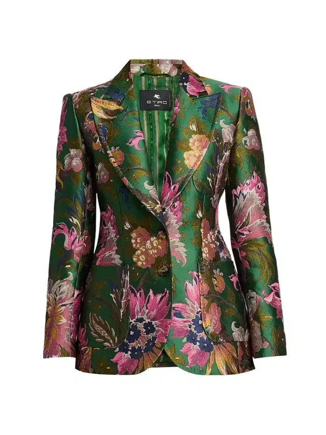 Women's Floral Jacquard Fitted Blazer - Multicolor Green Base