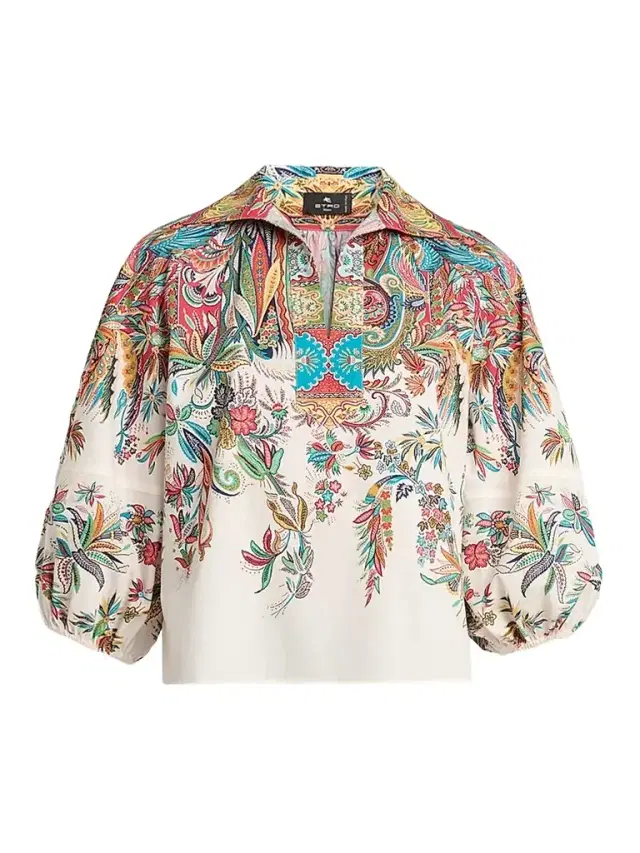 Women's Floral Paisley Balloon-Sleeve Top - Printed White