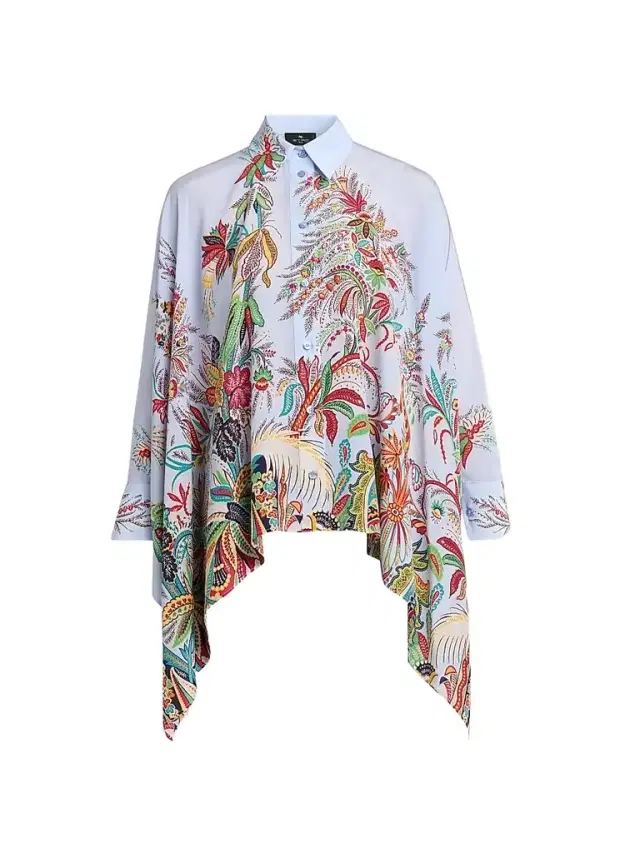 Women's Paisley Handkerchief Hem Silk Shirt - Printed Blue Base