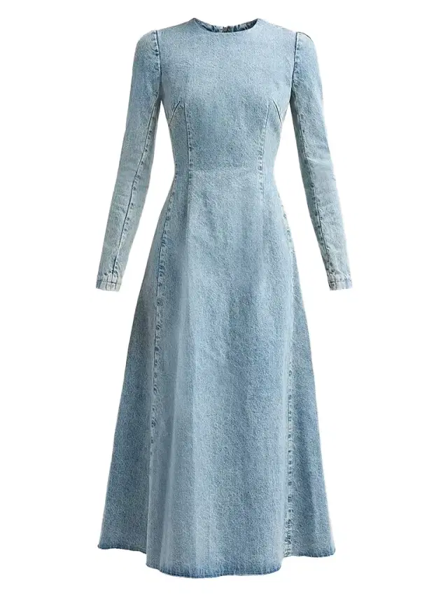 Women's Denim Long-Sleeve A-Line Midi Dress - Iceblue