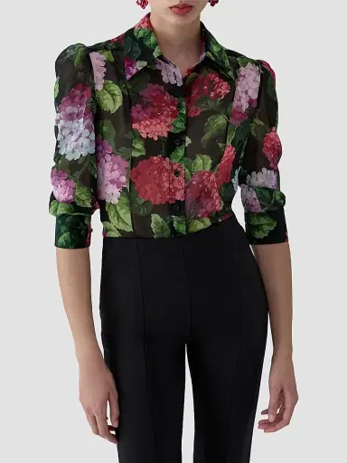Carolina Herrera Women's Floral Silk Button-Front Shirt - Black Multi - Size 12 | Thumbnail 4 Carolina Herrera Women's Floral Silk Button-Front Shirt - Black Multi - Size 12 | Thumbnail 4