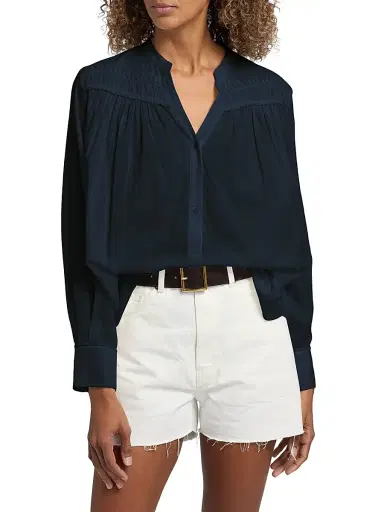 Nili Lotan Women's Clarys Gathered Cotton Split Neck Top | Thumbnail 3