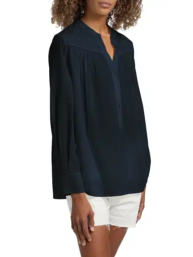 Nili Lotan Women's Clarys Gathered Cotton Split Neck Top | Thumbnail 4