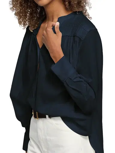 Nili Lotan Women's Clarys Gathered Cotton Split Neck Top | Thumbnail 6