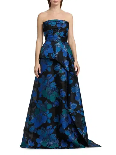 Teri Jon by Rickie Freeman Women's Floral Jacquard Peplum Strapless Gown | Thumbnail 3