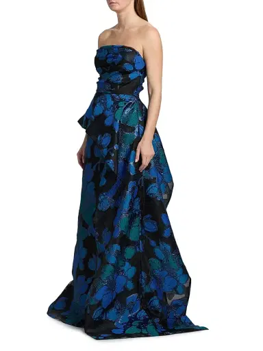 Teri Jon by Rickie Freeman Women's Floral Jacquard Peplum Strapless Gown - Royal Multi - Size 18 | Thumbnail 4