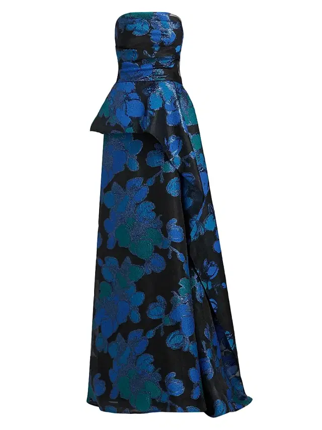Teri Jon by Rickie Freeman Women's Floral Jacquard Peplum Strapless Gown - Royal Multi