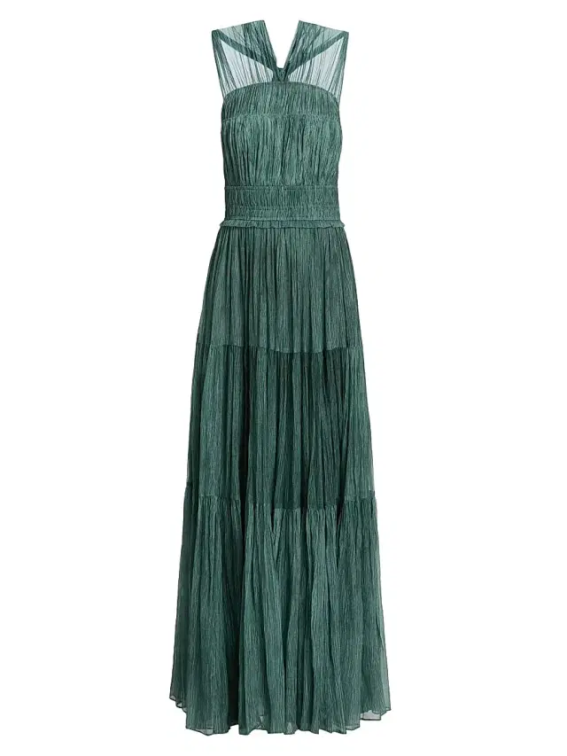 Women's Freesia Shirred Silk Chiffon Sleeveless Gown - Kelp