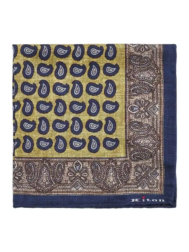 Kiton Men's Silk Pocket Square - Navy Yellow