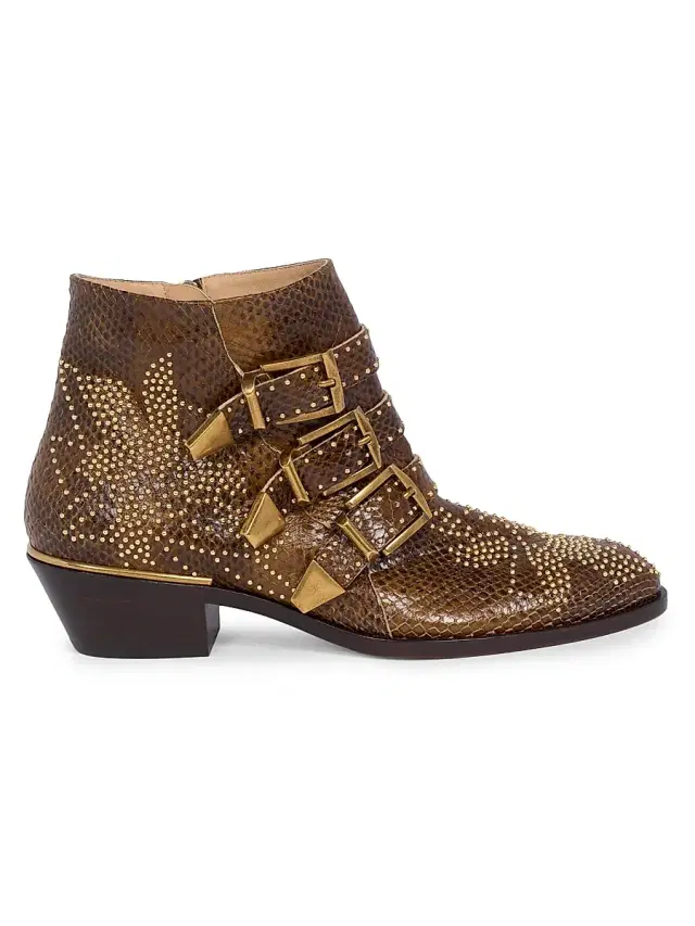 Chloé Women's Susan Snakeskin-Embossed Leather Ankle Boots - Wild Khaki