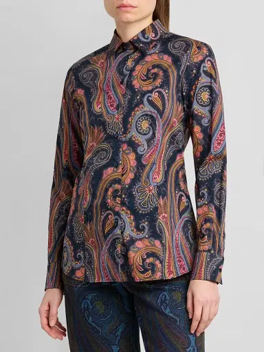Etro Women's Paisley Stretch-Cotton Shirt - Printed Blue | Thumbnail 4