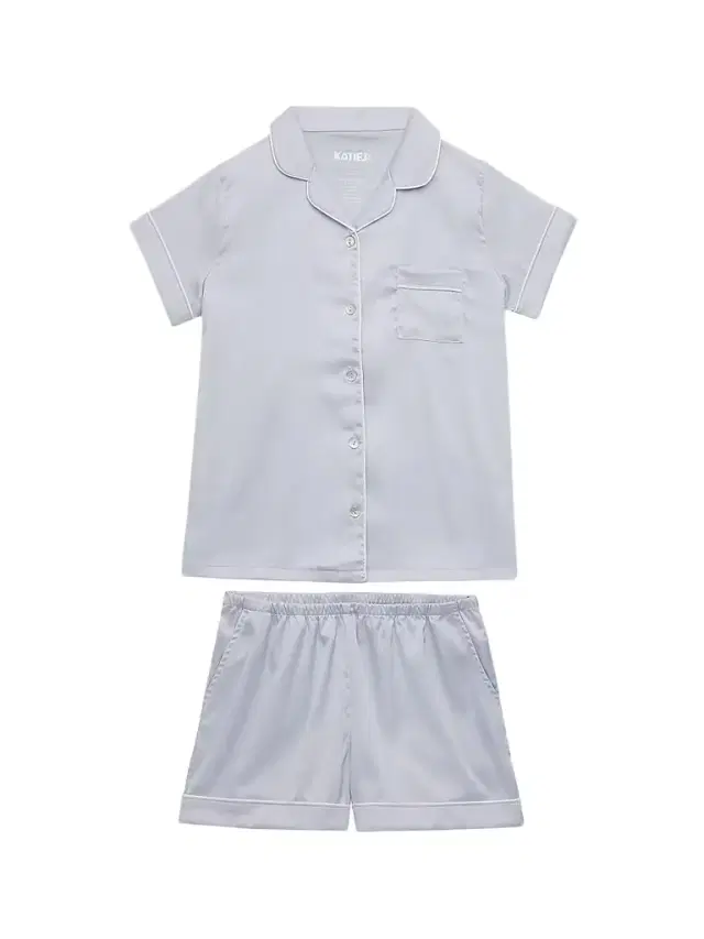 KatieJ NYC Girl's Olivia Satin Lounge Shirt & Shorts Set - Baby Blue And White