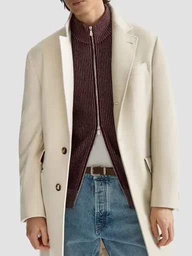 Brunello Cucinelli Men's Lightweight Water-Resistant Cashmere Coat with Double Vents - Sand - Size 42 | Thumbnail 4