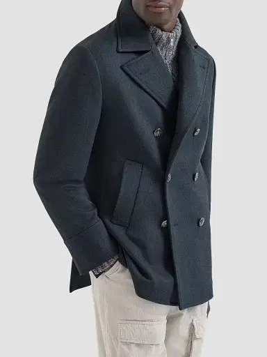 Brunello Cucinelli Men's Wool and Cashmere Cavalry Peacoat with Metal Buttons | Thumbnail 2