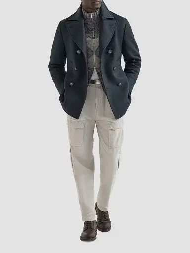 Brunello Cucinelli Men's Wool and Cashmere Cavalry Peacoat with Metal Buttons | Thumbnail 6