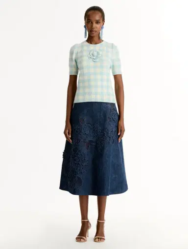 Oscar de la Renta Gingham Pullover with Floral Appliqué | Thumbnail 2