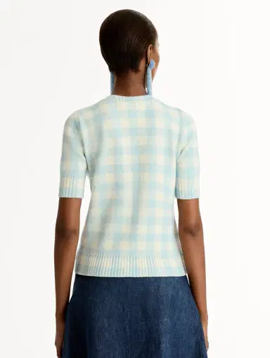 Oscar de la Renta Gingham Pullover with Floral Appliqué | Thumbnail 3