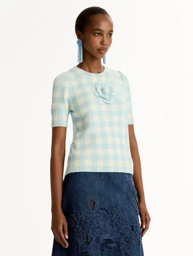 Oscar de la Renta Gingham Pullover with Floral Appliqué | Thumbnail 4
